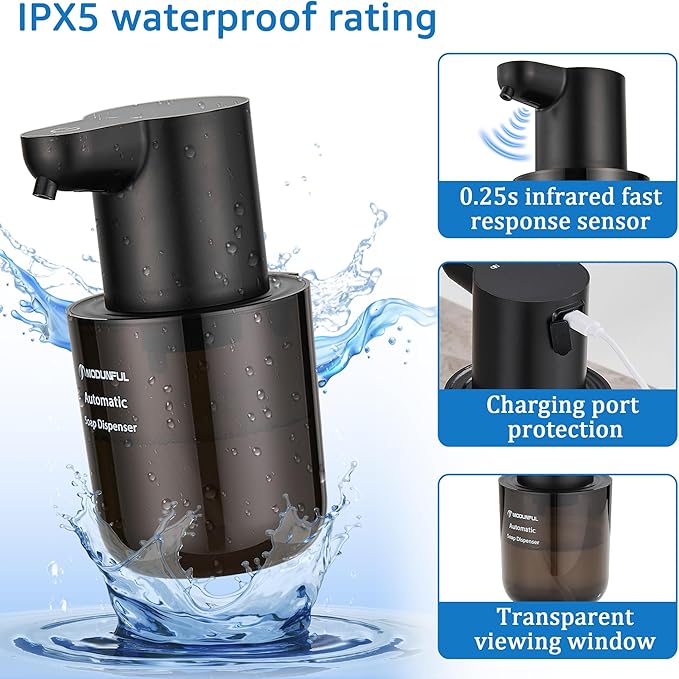 Automatic Foaming Soap Dispenser for Bathroom: 4-Level Adjustable Countertop/Wall Mount Hand Soap Dispenser, 13.5oz/400ml Type-C Rechargeable – Suitable for Kitchen, Bathroom, Office, Hotel (Black)