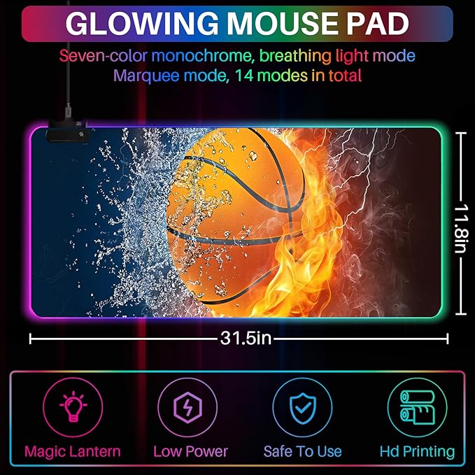 XL RGB Gaming Mouse Pad with 14 Light Modes - Light Up Gamer Mouse Pad,31.5 x 11.8in Non-Slip Basketball Style Led Large Gamer Mousepad, Black Long Glowing Gaming Accessories for Desk, Waterproof