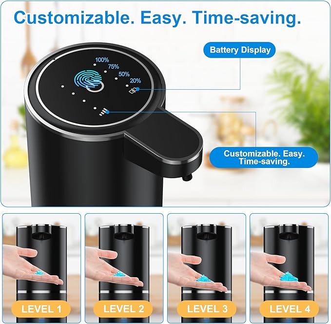 Fantictas Automatic Soap Dispenser Touchless Automatic Liquid Soap Dispenser 4 Adjustable 1200mAh Soap Dispensing Levels Wall Mount for Kitchen and Bathroom