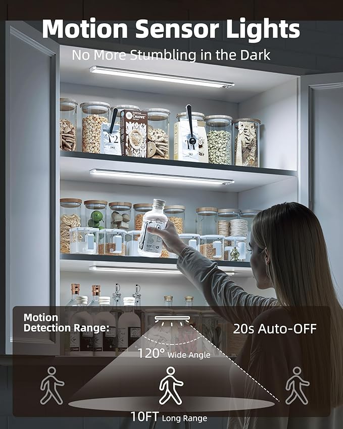 EZVALO Under Cabinet Lights, 14.5'' Motion Sensor Light Indoor Dimmable, 4000mAh Rechargeable Closet Lights 5700K with Remote Control, Wireless Under Counter Light for Kitchen,Cabinet,Bedroom（4Pcs）