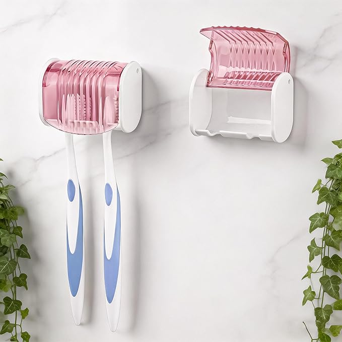 2 Pack Toothbrush Holder Wall Mounted with Cover for Bathroom, 2 Slots Toothbrush Storage Organizer for Shower, Self Adhesive Toothbrush Hanger (Pink)
