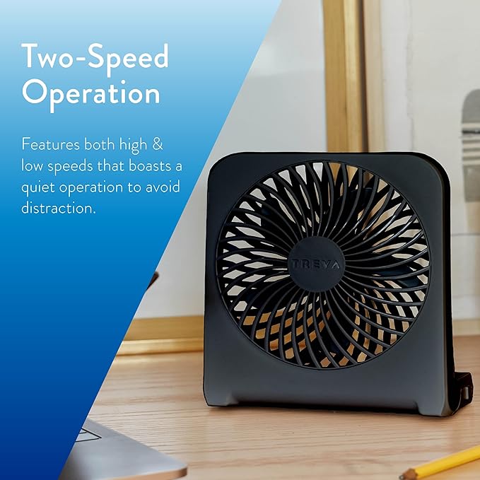 Treva 5-Inch USB and Battery Powered Desk Fan With Two Cooling Speeds and Adjustable Tilt, Small USB Fan Cubicle Accessories Durable and Long Lasting (Black)