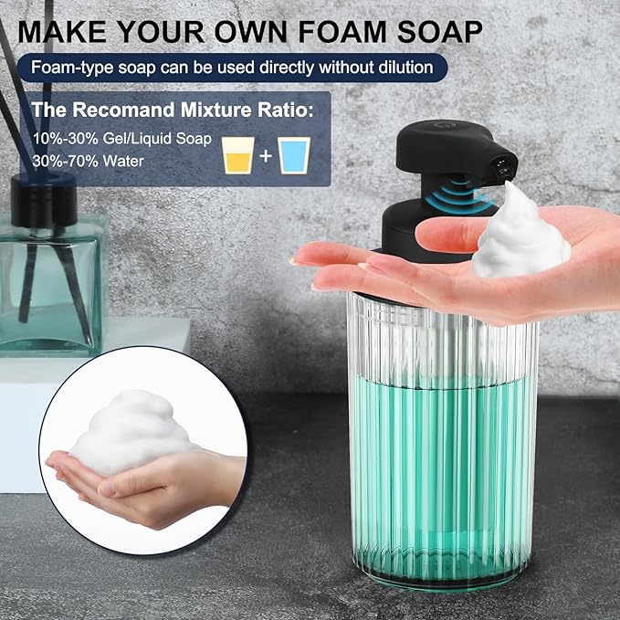 Automatic Soap Dispenser Foaming Touchless: 9oz Black Plastic - Rechargeable Electric Smart Auto Foam Soap Dispenser - Hand Dish Bathroom Kitchen