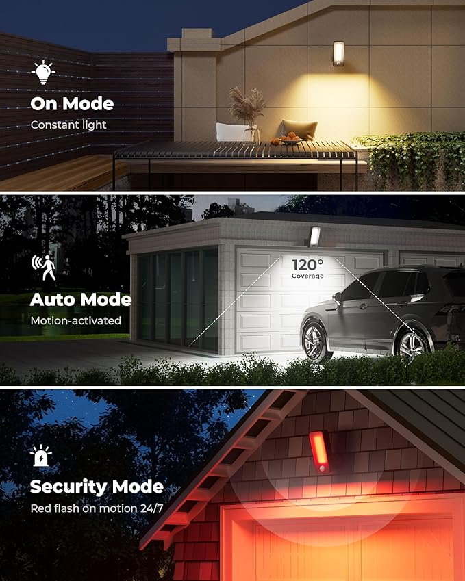2 Pack Motion Sensor Outdoor Lights, 10000mAh Rechargeable Battery Operated Outdoor Lights with Remote, 3 Modes with Red Alert, Dimmable & 3CCT, Outdoor Security Lights for Porch, Backyard, Garage