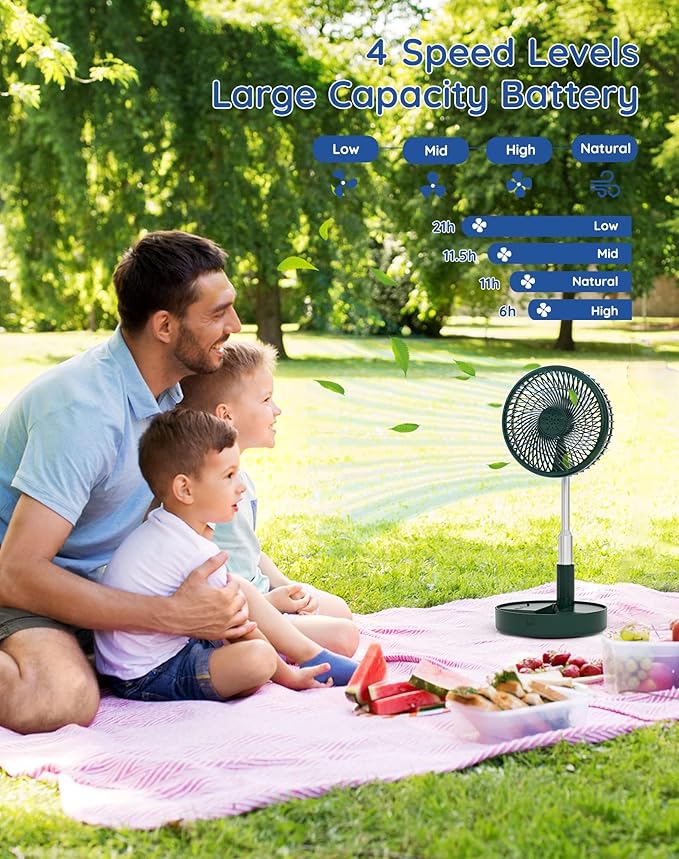 Primevolve Portable Fan,Battery Operated Rechargeable USB Fan with Remote, Foldable Floor Table Desk Pedestal Fan for Bedroom Camping Travel,Green 7.7"