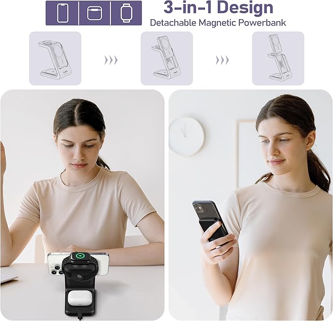 Smtcsl 3 in 1 Wireless Charging Station: 5000mAh Removable Power Bank Charger Stand for Phone/Watch/Air Pods - Portable Magnetic Battery Pack for Air 17 16 15 14 13 12 Series