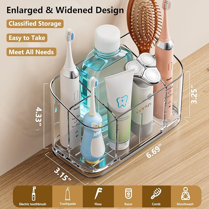 MOPMS Toothbrush Holders for Bathrooms, 5 Slots Adjustable Divider Tooth Brush and Toothpaste Holder for Easy Clean, Wall Mounted & Countertop Organizer with Drain Tray for Shower/Kitchen