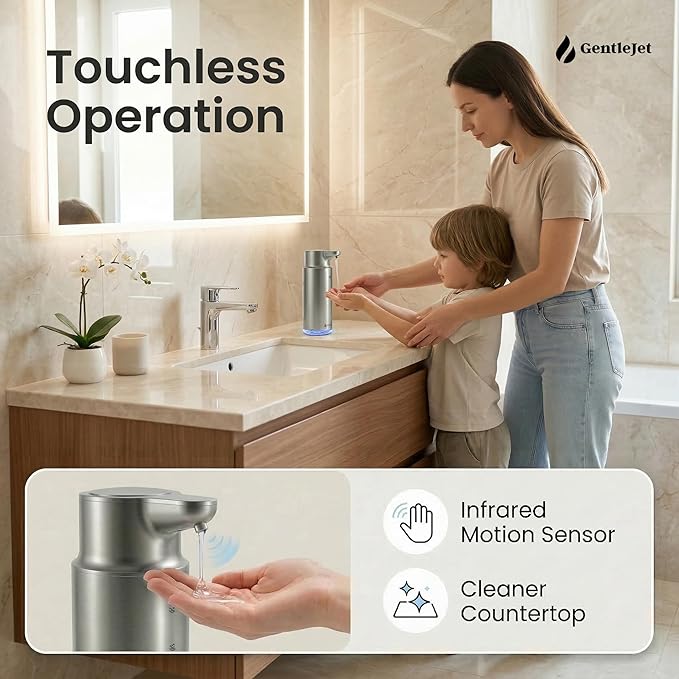 GentleJet CrystalJet Automatic Liquid Soap Dispenser Touchless Sensor, Stainless Steel, USB-C Rechargeable, Waterproof Kitchen & Bathroom Countertop Soap Dispenser, 300 ml