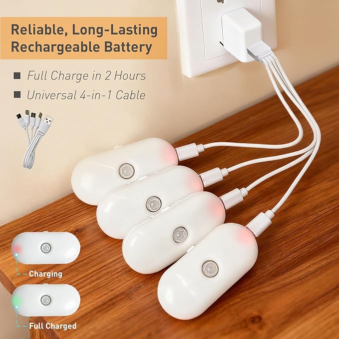 Rechargeable Motion Sensor Night Light, 2-Color White & Warm Toilet Light with Auto/On Mode, Magnetic & Adhesive Installation for Bathroom, Bedroom, Hallway (4 Pack)