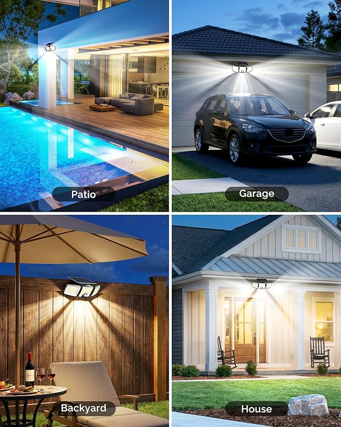Brightown 4 Pack Solar Outdoor Lights, 2500LM 223 LED Solar Flood Outdoor Lights with Motion Sensor 3 Modes, 3 Head 270° Wide Angle Street Area IP65 Waterproof Security Wall Lights with Remote