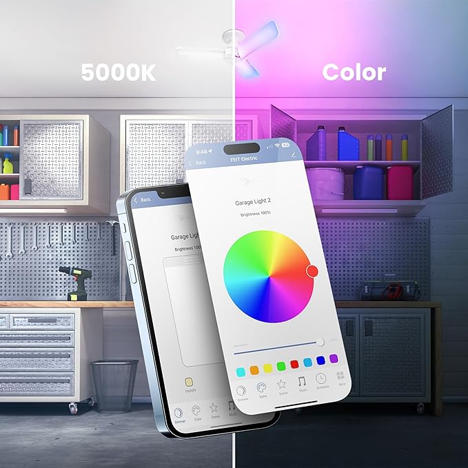 Feit Electric Smart LED Garage Light, 4000 Lumens RGBW Color Changing Deformable Panels, 2.4GHz WiFi App Control, Works with Alexa & Google, E26 Screw-in Ceiling Light for Garage ADJ4000/RGBW/LED/AG