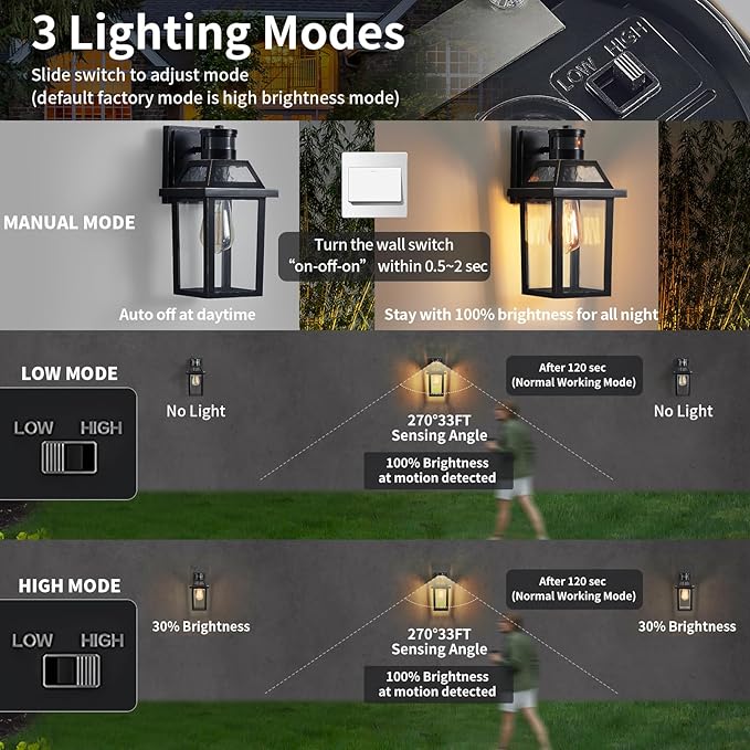 Yisuro Motion Sensor Outdoor Wall Lights, Porch Light Outdoor 3 Lighting Modes, Dusk to Dawn Exterior Light Fixture, Waterproof, Outside Lights for House Front Door Patio Garage 2 Pack (Black)