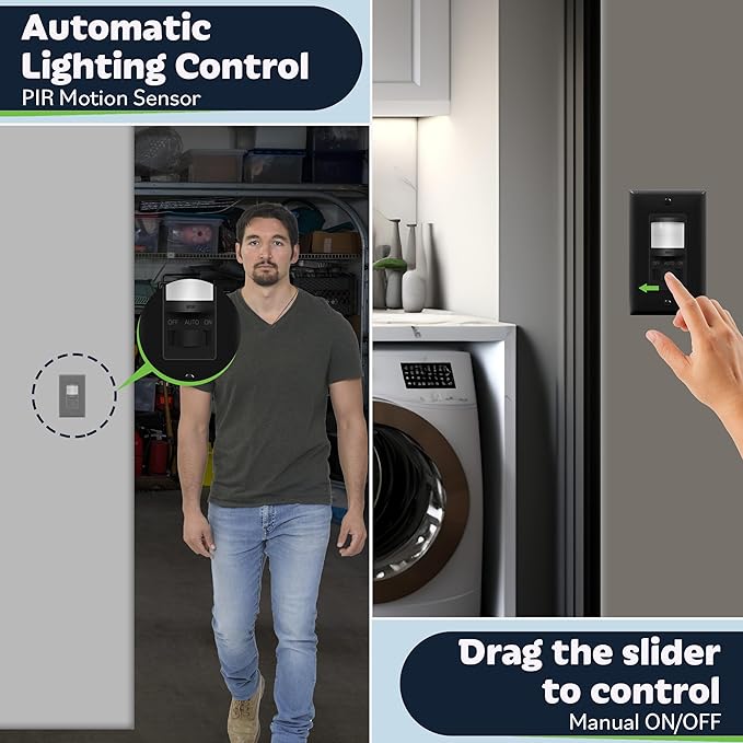 TOPGREENER in Wall PIR Motion Sensor Light Switch, Occupancy Sensor Switch, 𝐍𝐞𝐮𝐭𝐫𝐚𝐥 𝐖𝐢𝐫𝐞 𝐑𝐞𝐪𝐮𝐢𝐫𝐞𝐝, On/Off Override, 𝐒𝐢𝐧𝐠𝐥𝐞 𝐏𝐨𝐥𝐞, 4A, 500W, TSOS5-BKWP,Black,4 Pack