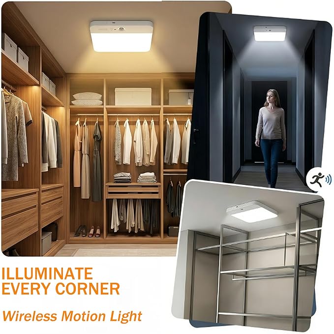 NARUNDREN Rechargeable Motion Sensor LED Ceiling Light with Remote, Wireless Battery Operated Closet Light, 400LM Dimmable 3 Color Temperatures, Motion Activated Light for Stair Hallway Garage Pantry