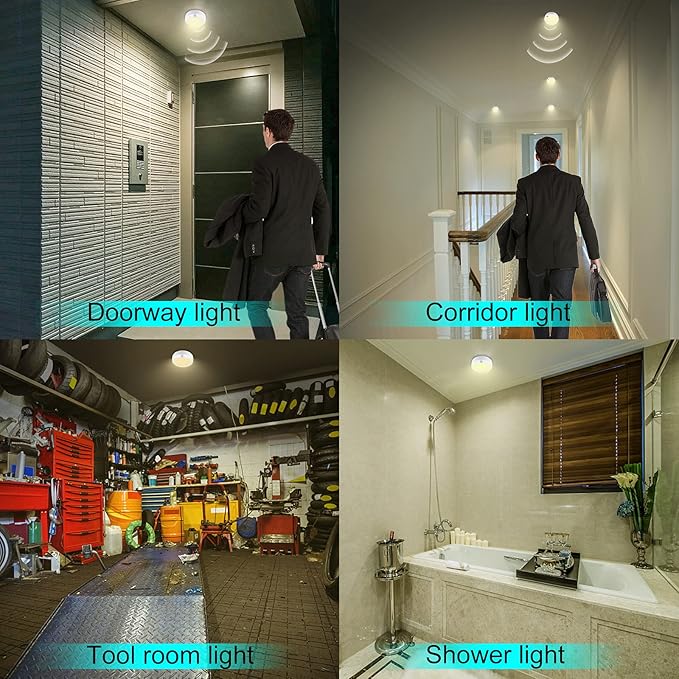 BIGMONAT Battery Operated Shower Light, Motion Sensor Lights, Wireless LED Ceiling Light, Super Bright Indoor Lighting for Closet Pantry Under Cabinet Bathroo, 250 Lumens, 4.8 Inches