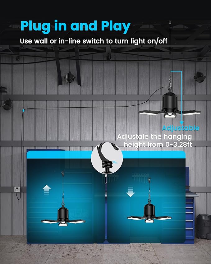 Garage Motion Sensor Lights Plug-in 2Pack, 8000LM Super Bright Motion Activated LED Shop Light, 360° Detection & Retractable Steel Wire, Indoor Motion Light Bulb for Attic/Barn