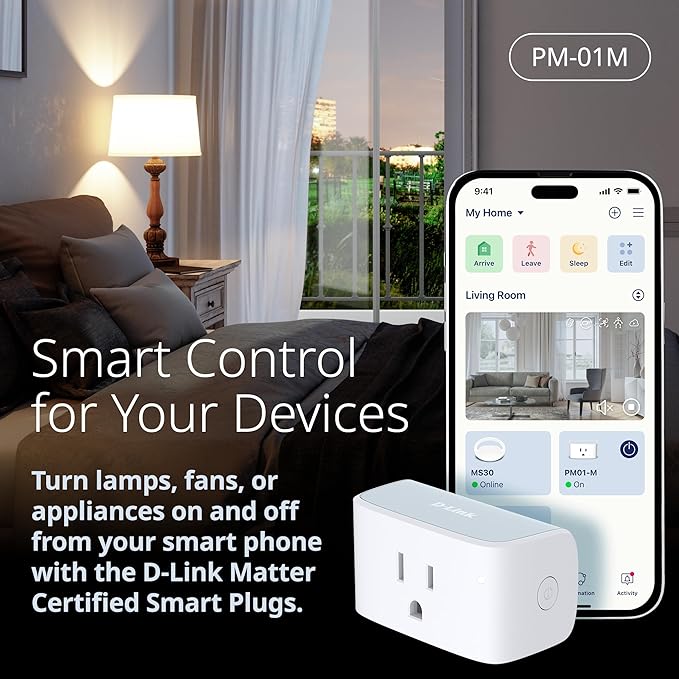 D-Link PM-01M Wi-Fi Smart Plug, Aquila PRO AI & Matter Supported, Compact Design, 15A/1800W Max, Energy Monitoring, Easy Bluetooth Setup, Works with Alexa & Google Home, Flame-Retardant, UL Certified