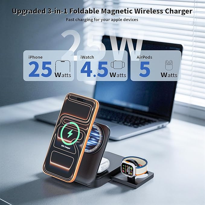 3 in 1 Wireless Charger Stand, 25W Foldable Wireless Charging Station for Apple Multiple Devices Fast Magnetic Charger with 6FT USB C Cable for iPhone 17 16 15 14 13 12 Series/Apple Watch/AirPods Pro