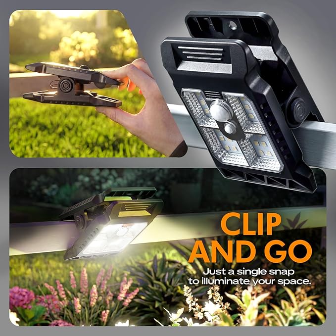 Clip On Solar Lights Outdoor, Motion Sensor Solar Fence Lights with 3 Modes, Wireless Security Lights for Deck, Gutter, Patio, Camping (4 Pack)