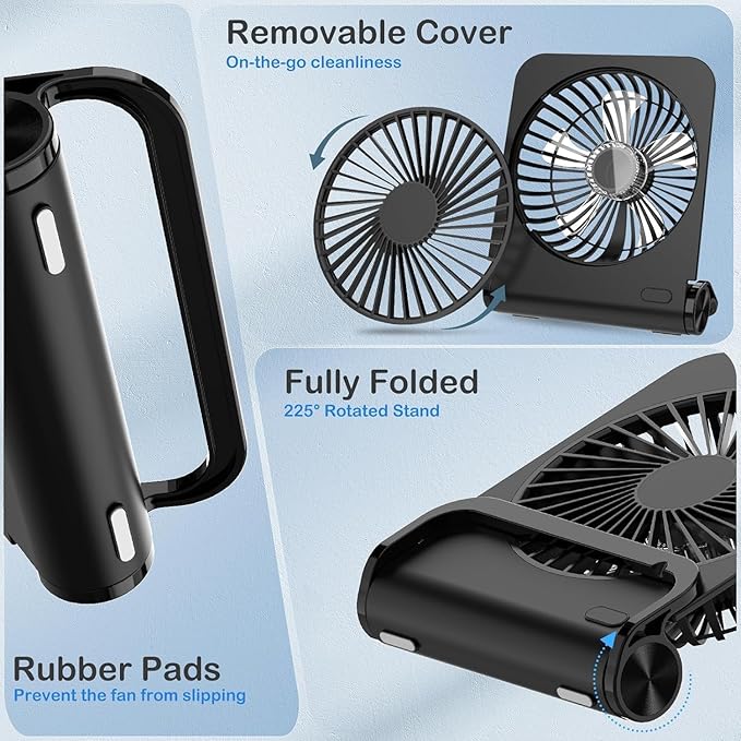 EasyAcc Small Travel Desk Fan, 4000 mAh Slim Portable Fan for Slumber Pod Camping, 180°Tilt Folding, Fully Foldable, Rechargeable, Office Desktop Desk Camping Travel Accessories