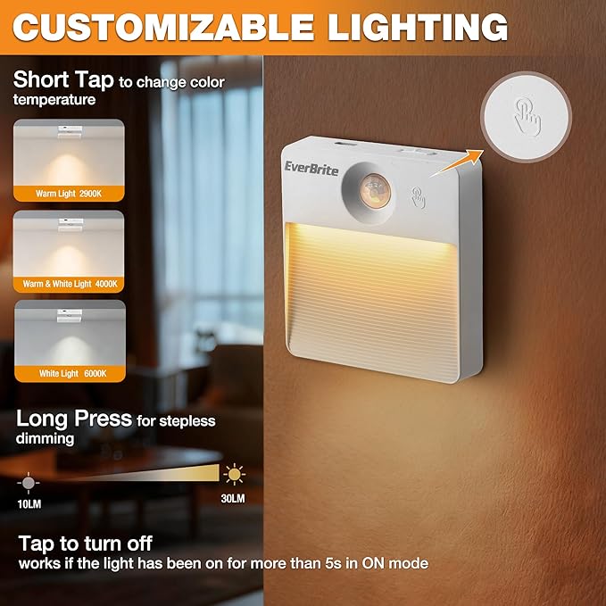 EverBrite Rechargeable Square Motion Sensor LED Night Light, Motion Activated LED Night Light with 3 Lighting Modes, Touch Control, 3 Color Temperatures & Dimmable, for Hallway, Bedroom, 2 Pack