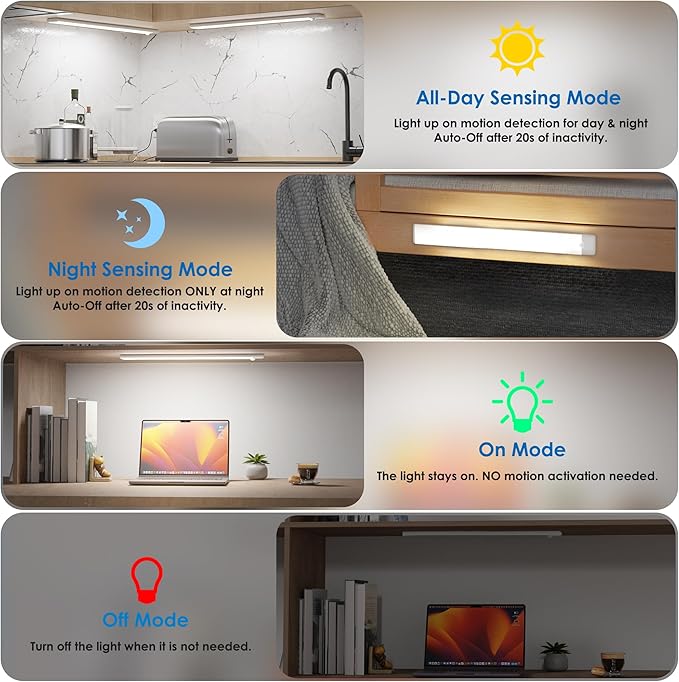 15.9 inch Motion Sensor Under Cabinet Lights, Magnetic Rechargeable Under Counter Closet Light, Wireless Night Light Bar Stick-On, Cool White, 3-Pack