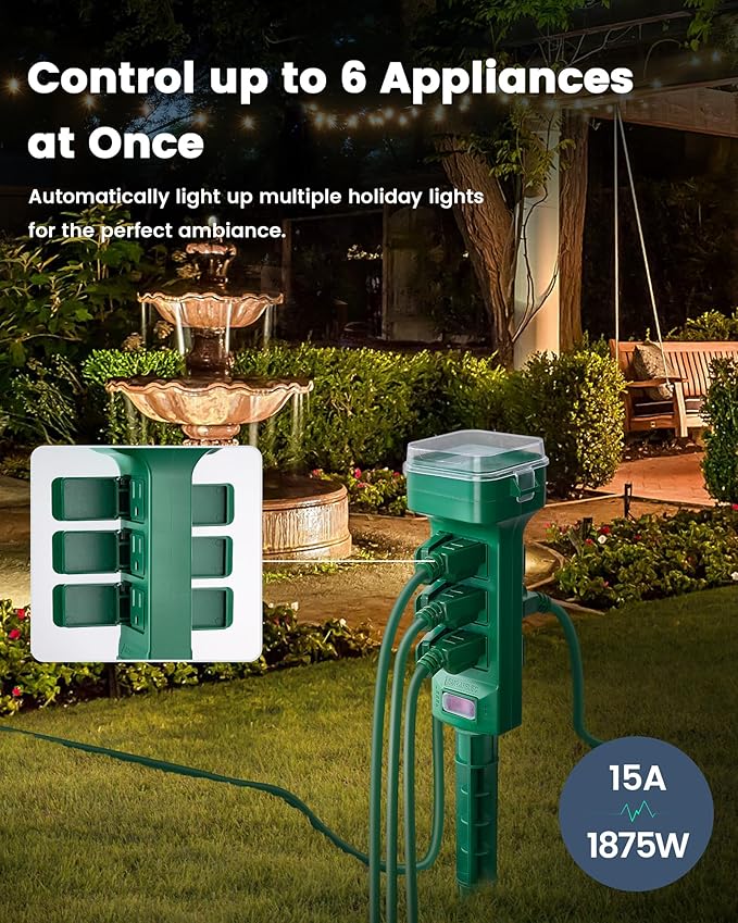 SURAIELEC Outdoor Power Stake, Smart WiFi Light Timer with 6 Electrical Outlets, 6FT Power Strip, Weatherproof for Patio, Outdoor Lights, Christmas Decoration, Compatible with Alexa/Google Assistant