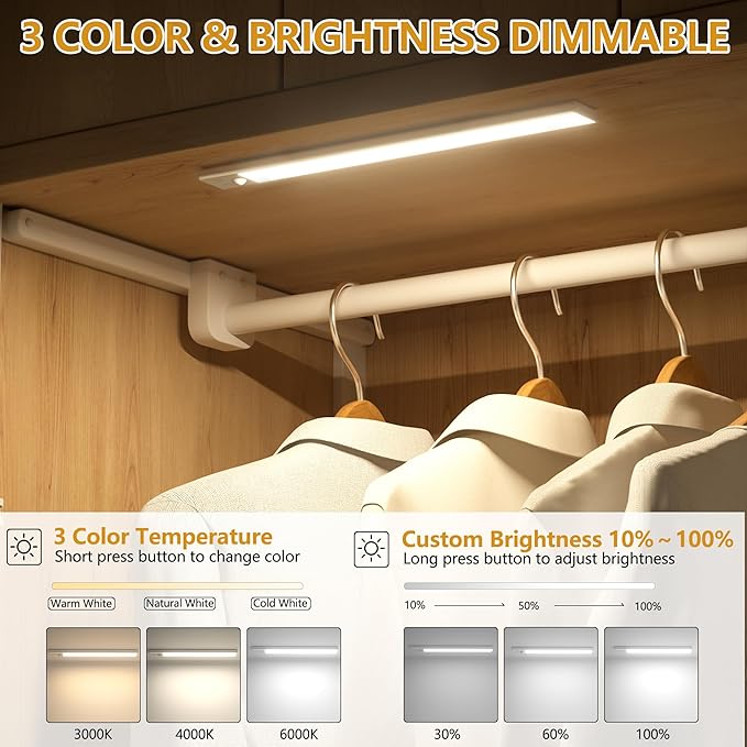 Under Cabinet Lights Motion Sensor 3 Color Temperatures LED Closet Light, USB-C Rechargeable Under Counter Lights Night Light for Kitchen, Wardrobe (Silver - 3 Color, 12.2 Inch - 3 Pack)