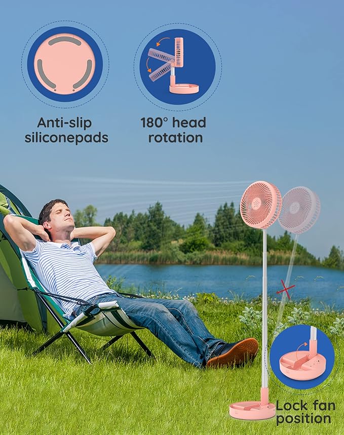 Primevolve Portable Fan,Battery Operated Rechargeable USB Fan with Remote, Foldable Floor Table Desk Pedestal Fan for Bedroom Camping Travel,Pink 7.7"