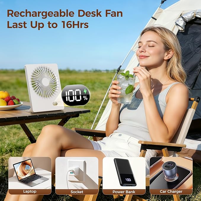 Zuvas Desk Fan Battery Operated Fan Rechargeable 180°Tilt Folding Personal Fan Ultra Quiet Small Portable 3 Speed Adjustable Strong Wind Fan For Office Bedroom Home Desktop Camping (White)