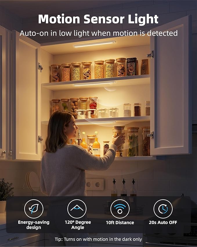 16inch Under Cabinet Lighting, 6Pack Rechargeable Motion Sensor Light Indoor, Magnetic Closet Lights with Dimmable & 3 Color Temps, Wireless Under Counter Lights for Kitchen, Stairs