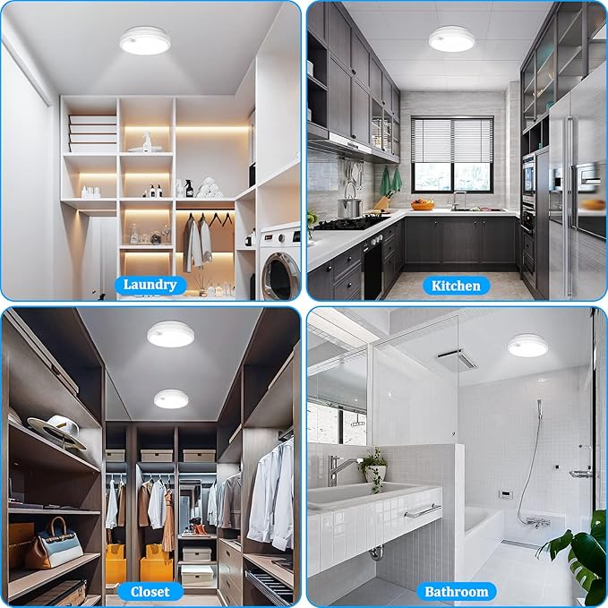 2-Pack Battery Operated Motion Sensor LED Ceiling Light, 7.2inch Flush Mount Light Fixture 6000K, Wireless Motion Activated Ceiling Lamp in 400LM for Closet Pantry Laundry Stair(Battery Not Included)
