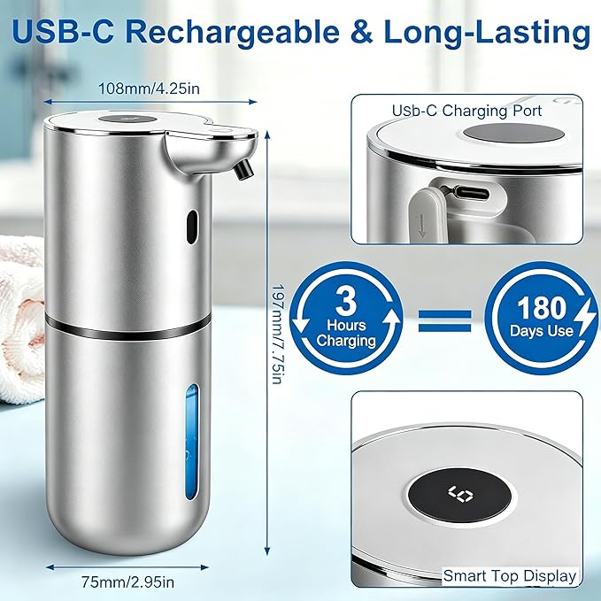Automatic Soap Dispenser, Hand Soap Dispenser 12.8oz/380ml Smart Rechargeable, Liquid Soap Dispensers with 6-Level Touchless, Wall Mounted or Countertop Dish Soap Dispensing for Bathroom & Kitchen
