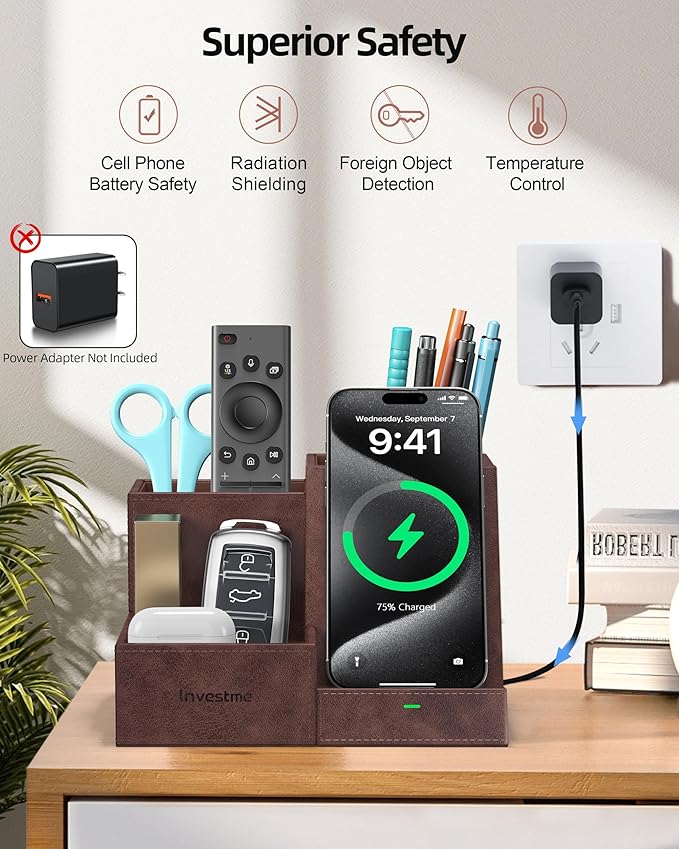Wireless Charger with Desk Organizer, Pen Pencil Holder, Multifunctional Desktop Organizer, Office Supplies and Desk Accessories Organizer with 3 Compartments and 1 Phone Stand, Dark Brown