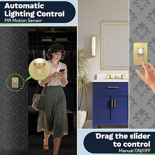 TOPGREENER Occupancy/Vacancy PIR Motion Sensor Light Switch, Learning Function, No Neutral No Ground Required, 200W Incandescent / 150W LED Load, UL Listed, Screwless Wall Plate Included, Gold, 2 Pack