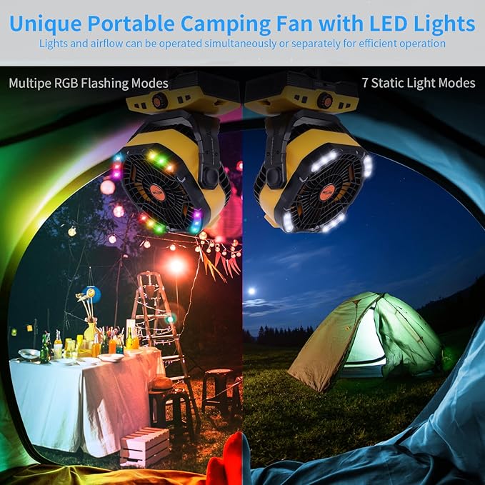 WESTTREE Camping Fan 20000mAh Rechargeable Battery Operated fan Outdoor Tent Fan with Light & Hook 270° Pivot, knob Speeds, Personal fan USB Desk Fan for Camping Power Outage Yellow X68