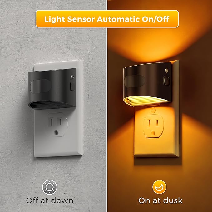 L LOHAS LED Night Light with Motion Sensor & Dusk to Dawn Sensor, Night Lights Plug into Wall with 30-100lm Adjustable Brightness, Dimmable Night Light for Bathroom Hallway, 1600K Amber, 2 Pack