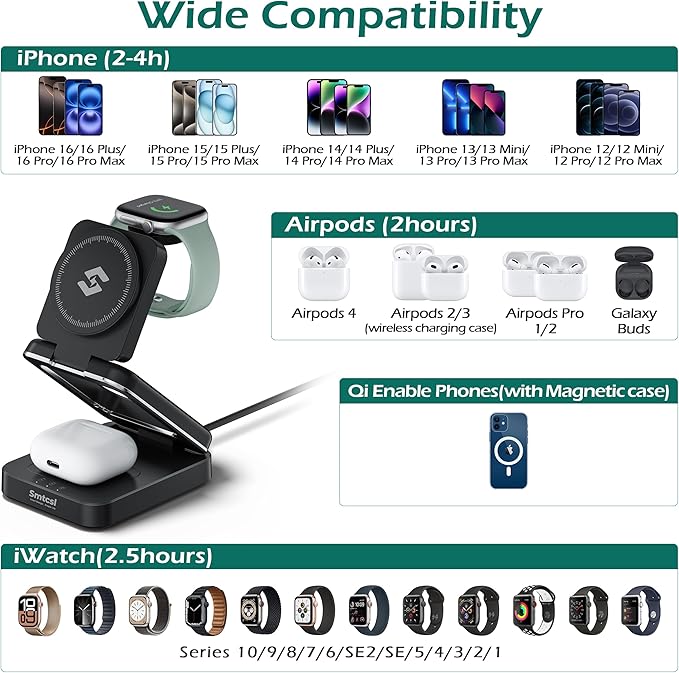 Smtcsl 3-in-1 Foldable Wireless Charging Station: Magnetic Charger Pad Compatible with Phone air 17 16 15 14 13 12 Series/Watch/Air Pods - Portable Folding Stand for Travel