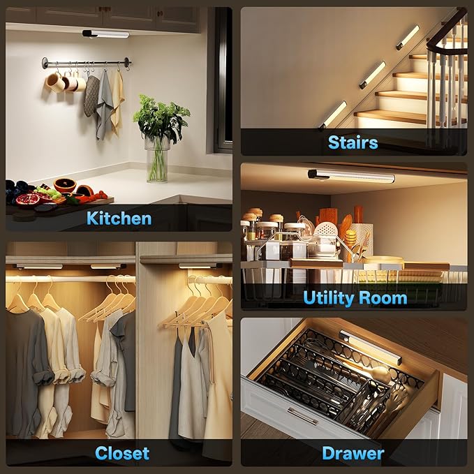 Under Cabinet Lighting,LED Closet Lights,Rechargeable Motion Sensor Light Indoor,3 Colors Dimmable,Magnetic Installation for Kitchen,Wardrobe,Bedroom,Drawer 6Pack