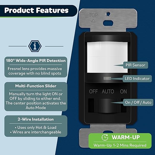 TOPGREENER Occupancy/Vacancy PIR Motion Sensor Light Switch, Learning Function, No Neutral No Ground Required, 200W Incandescent / 150W LED Load, UL Listed, Wall Plate Included, Black, 4 Pack