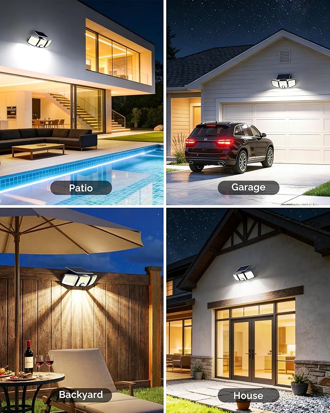 Brightown 4 Pack Solar Outdoor Lights, 2500LM 223 LED Solar Flood Outdoor Lights with Motion Sensor 3 Modes, 3 Head 270° Wide Angle Street Area IP65 Waterproof Security Wall Lights with Remote