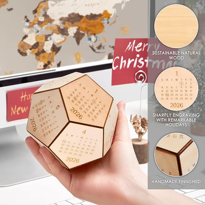 2026 Wooden Desk Calendar Cube – Dodecahedron Office Decor, Unique New Year Gift for Men Women, Gifts for Coworkers Employees Boss, Chinese New Year Gifts, Valentines Day Gifts For Him