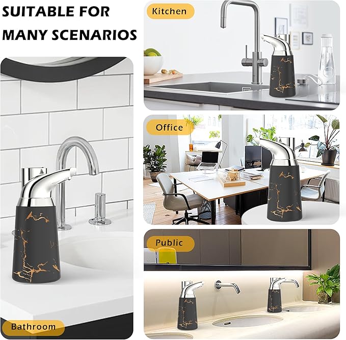 Adjustable Automatic Soap Dispenser Touchless, Ceramic Material，4 Adjustable Levels， Type-c Rechargeable Operated Sensor Liquid Soap Pump，Touch-Free Hand Sanitizer Dispenser (Black Silver)