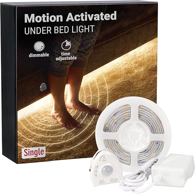 Under Bed Lights Motion Sensor, Motion Activated Bed Lighting, 12V Power Adapter,Dimmable LED Strip Night Light for Bedroom, Stairs, Crib, Cabinet, Warm White - 5FT Single Kit