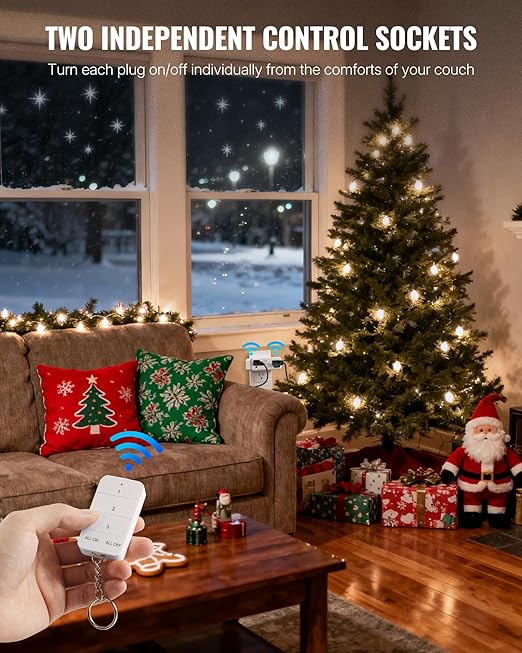Remote Control Outlet with 2 Independent Control Sockets, WILAWELS Wireless Light Switch, Expandable Remote Outlet Switch for Christmas Tree Lights, String Lights, 15A/1875W/125V, FCC Listed