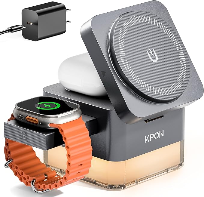 KPON for iPhone Nightstand Charging Station,15W 3 in 1 Wireless Phone Charger Stand with Night Lamp, Travel Foldable Magnetic Cube Magsafe Dock for iPhone 17 16 15 14 13 12 Series/Apple Watch/Airpods