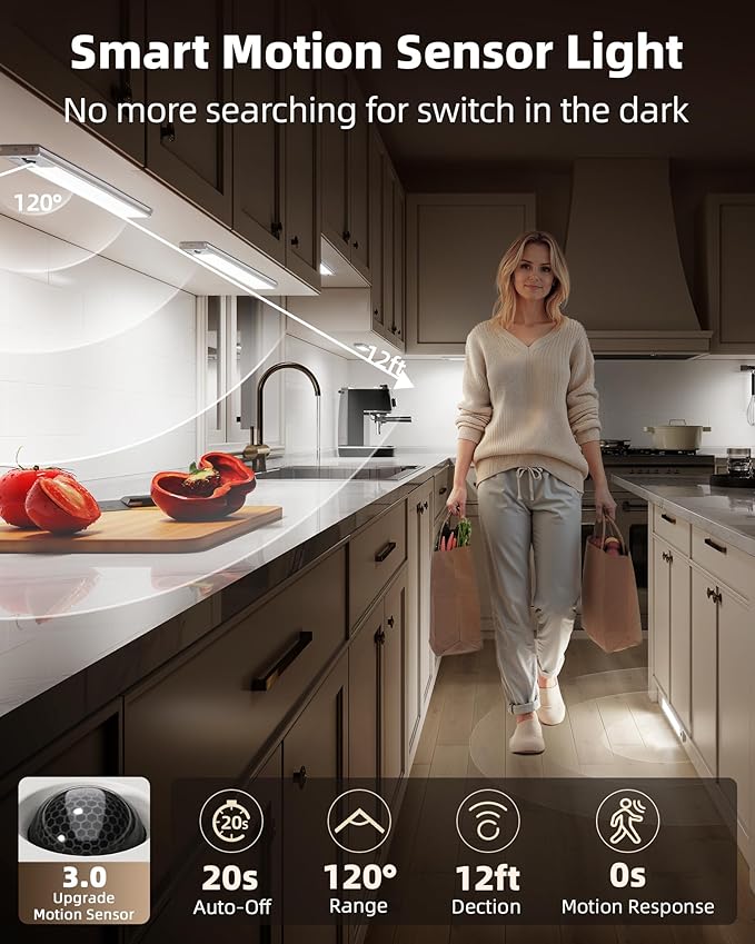 EZVALO 3-Pack Under Cabinet Lighting, 3300mAh Rechargeable Motion Sensor Light, 12inch Magnetic Closet Lights with Dimmable & 3 Color Temps, Wireless Motion Activated Lights with Remote for Kitchen