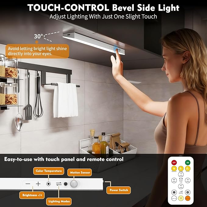 12inch 5Pack Touch Control Under Cabinet Lighting, 160LED Super Bright, 4000mAh Long-Lasting, Magnetic Rechargeable Motion Sensor Under Counter Lights for Kitchen, Closet, Remote, Dimmable, 3CC丨White