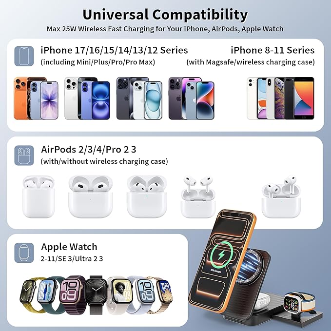 3 in 1 Wireless Charger Stand, 25W Foldable Wireless Charging Station for Apple Multiple Devices Fast Magnetic Charger with 6FT USB C Cable for iPhone 17 16 15 14 13 12 Series/Apple Watch/AirPods Pro