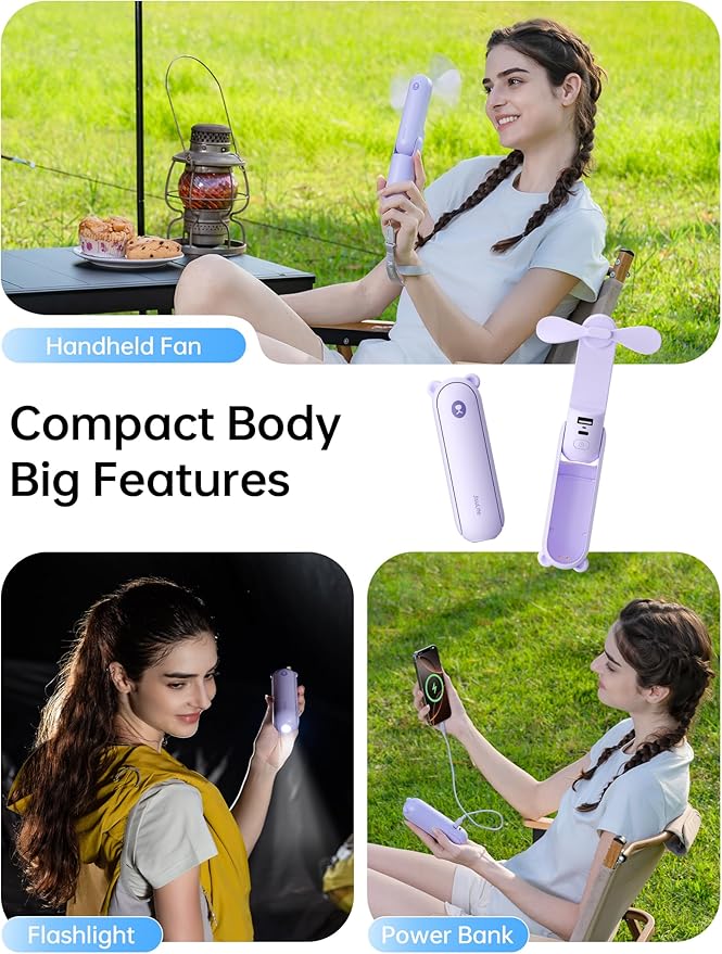 JISULIFE Handheld Fan 8 Plus: All-in-One Mini Fan with 37Hrs Cooling & 4500mAh PowerBank & Flashlight, USB Rechargeable, Portable Pocket Size for Travel, Makeup, Concert, Gifts for Women(Purple)